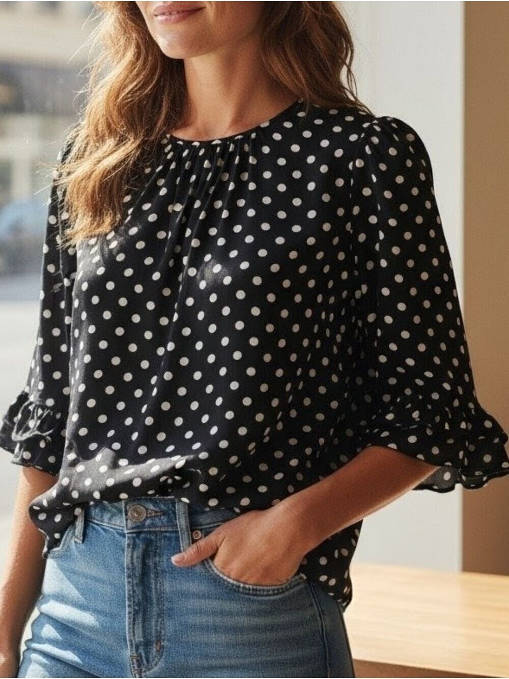 S • Kate Spade • Black & White Polka Dot Lia Ruffle Sleeve Blouse